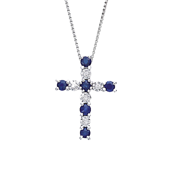 Kreuz-Anhänger mit blauen Saphiren und Diamanten aus 18 kt Weißgold - P140