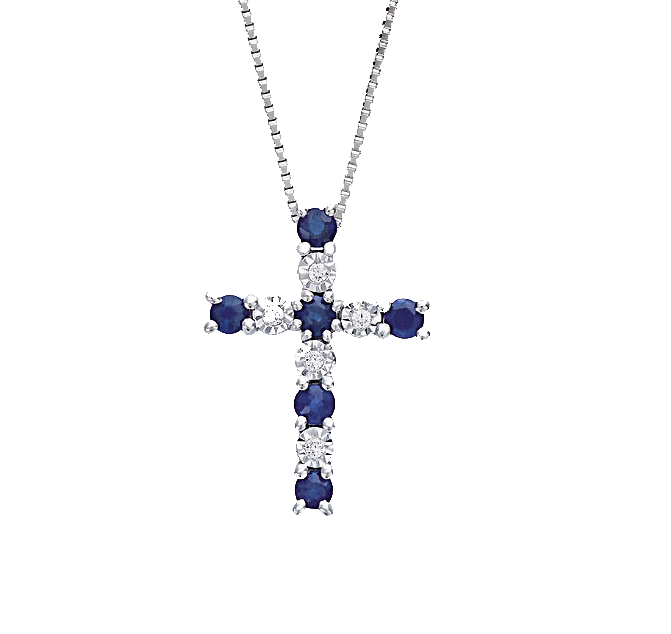 Kreuz-Anhänger mit blauen Saphiren und Diamanten aus 18 kt Weißgold - P140